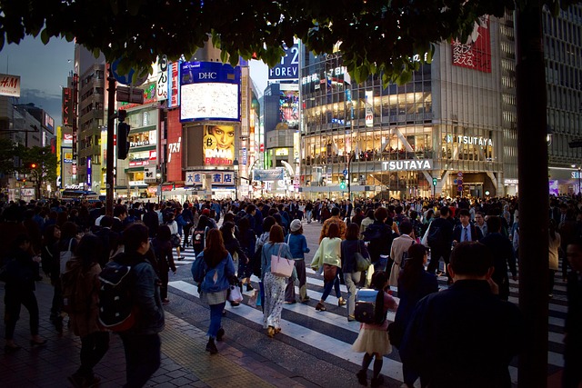 Busy Tokyo street crossing with diverse crowd, showcasing dynamic city life on a Wander Vista tour.